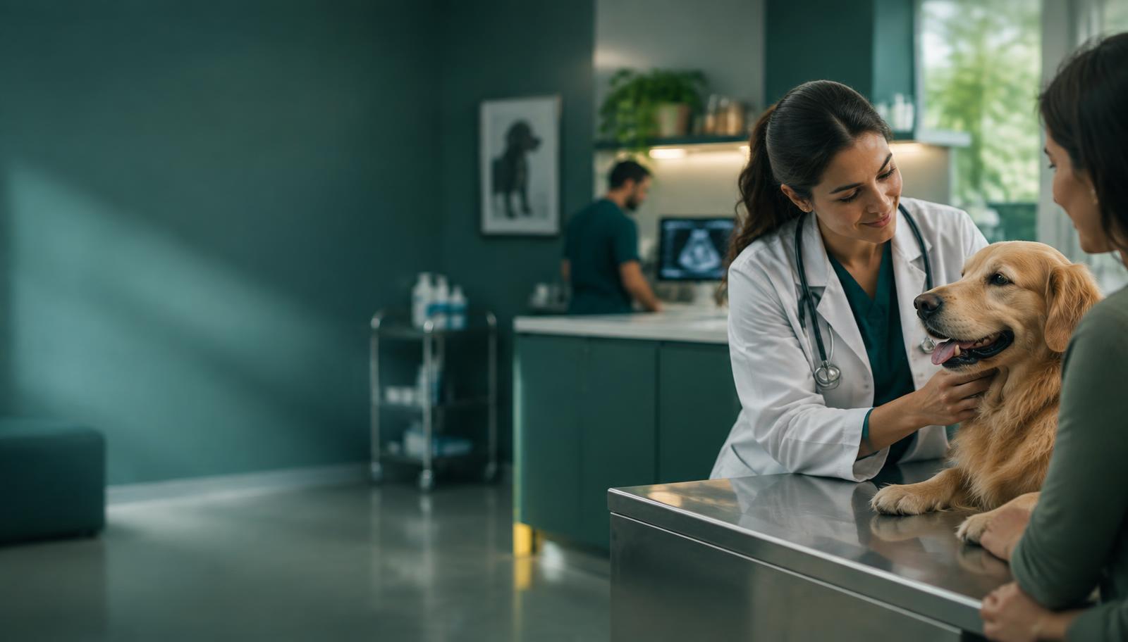 Veterinária acolhendo um pet em uma clínica